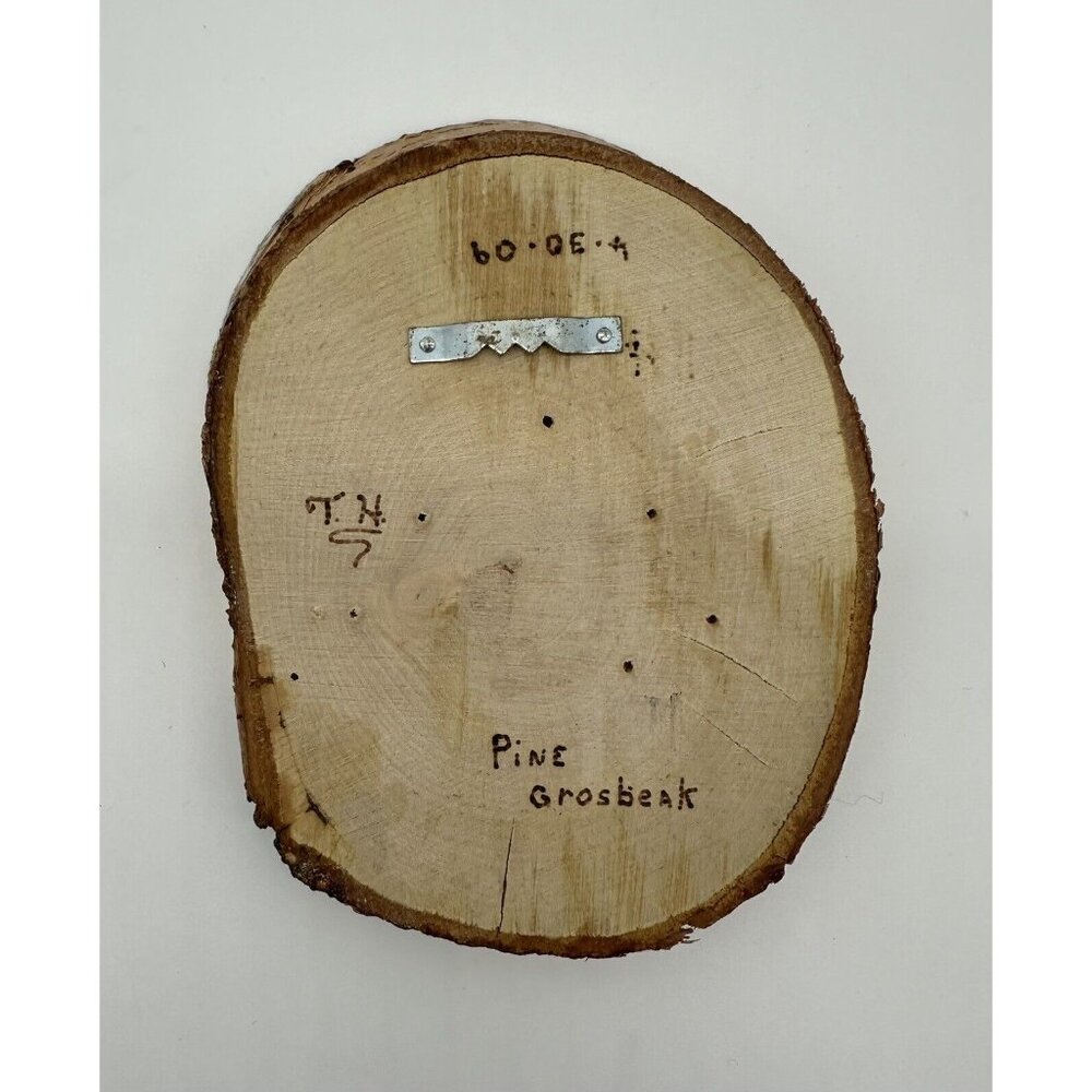 Red Bird Wall Hanging Picture Handmade Signed Live Edge Wood Oval Pine Grosbeak - Picture 7 of 9